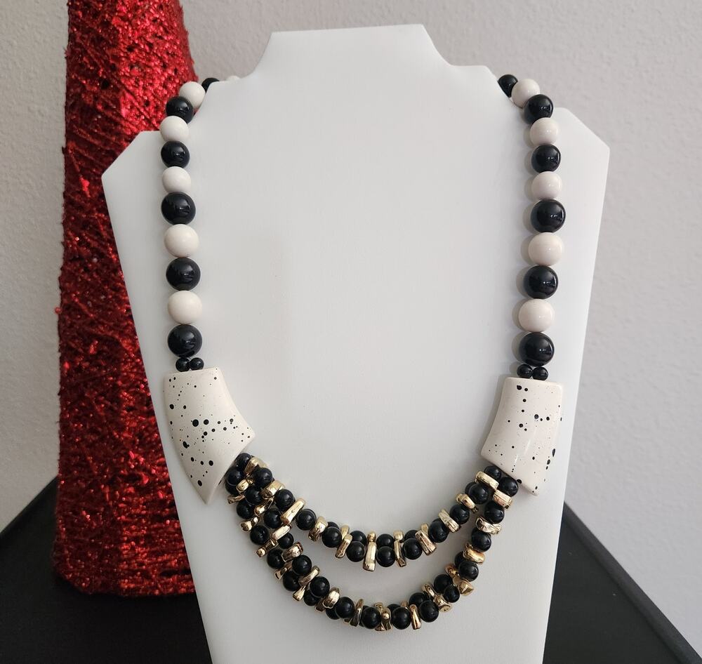Vintage 90's Chunky Beaded Necklace Black White & Gold Heavy Plastic Beads